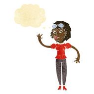 cartoon pilot woman waving with thought bubble