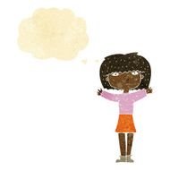 cartoon woman raising arms in air with thought bubble