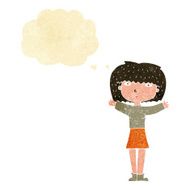 cartoon woman raising arms in air with thought bubble N2