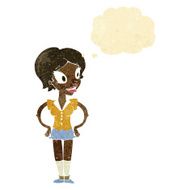 cartoon happy woman in short skirt with thought bubble