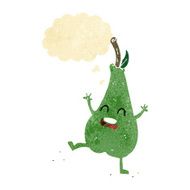 cartoon happy dancing pear with thought bubble
