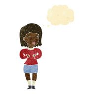 cartoon woman making excuses with thought bubble