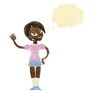cartoon waving woman with thought bubble N12