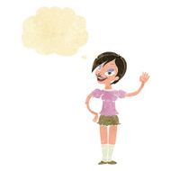 cartoon waving woman with thought bubble N13
