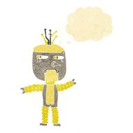 cartoon waving robot with thought bubble