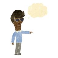 cartoon man in glasses pointing with thought bubble