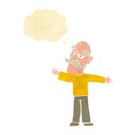 cartoon old man spreading arms wide with thought bubble N2