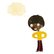 cartoon happy boy with hands on hips thought bubble