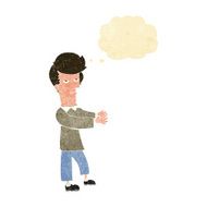 cartoon bored man showing the way with thought bubble N2