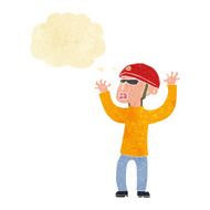 cartoon security man panicking with thought bubble N2