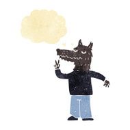 cartoon happy wolf man with thought bubble N3