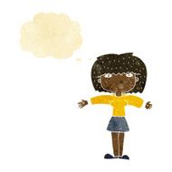 cartoon woman shrugging shoulders with thought bubble N62