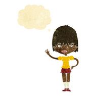 cartoon waving woman with thought bubble N14