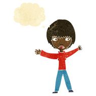 cartoon waving woman with thought bubble N15