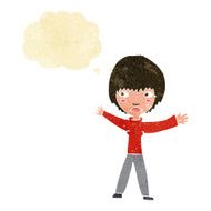 cartoon waving woman with thought bubble N17