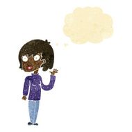 cartoon waving woman with thought bubble N18