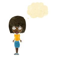 cartoon woman shrugging shoulders with thought bubble N64