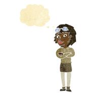 cartoon woman with crossed arms and safety goggles thought