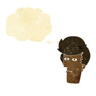 cartoon man narrowing eyes with thought bubble N5
