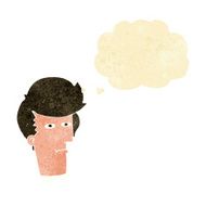 cartoon man narrowing eyes with thought bubble N6