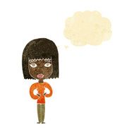 cartoon woman indicating self with thought bubble