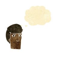 cartoon man narrowing eyes with thought bubble N7