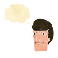 cartoon man narrowing eyes with thought bubble N8