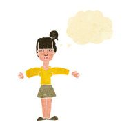 cartoon woman shrugging shoulders with thought bubble N69