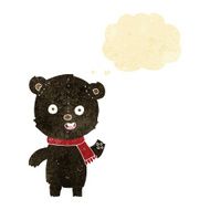 cartoon waving black bear cub with scarf thought bubble