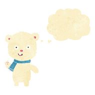 cartoon waving polar bear cub with scarf thought bubble