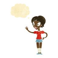 cartoon waving woman with thought bubble N25