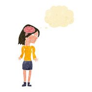 cartoon clever woman shrugging shoulders with thought bubble N2