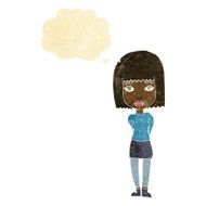 cartoon serious girl with thought bubble