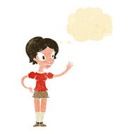 cartoon waving woman with thought bubble N26