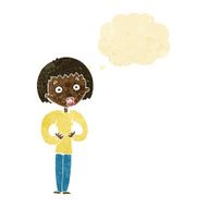 cartoon woman gesturing at self with thought bubble N3