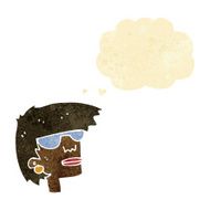 cartoon female face with glasses thought bubble