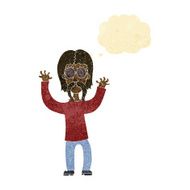 cartoon hippie man waving arms with thought bubble