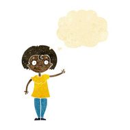 cartoon happy woman pointing with thought bubble N9