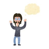 cartoon hippie man waving arms with thought bubble N2