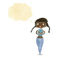 cartoon offended woman covering herself with thought bubble