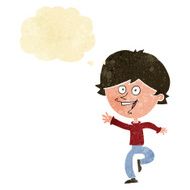 cartoon happy waving boy with thought bubble N4