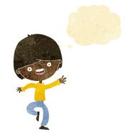 cartoon happy boy dancing with thought bubble
