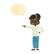 cartoon friendly woman pointing with thought bubble