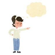 cartoon friendly woman pointing with thought bubble N2