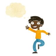 cartoon excited boy dancing with thought bubble