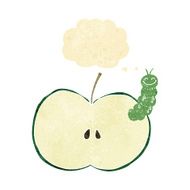 cartoon bug eating apple with thought bubble N4