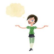 cartoon woman making open arm gesture with thought bubble N2