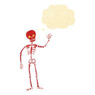 cartoon waving skeleton with thought bubble