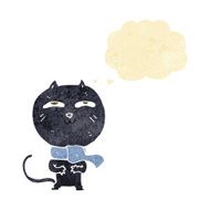 cartoon funny cat wearing scarf with thought bubble