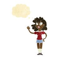 cartoon worried woman waving with thought bubble N2